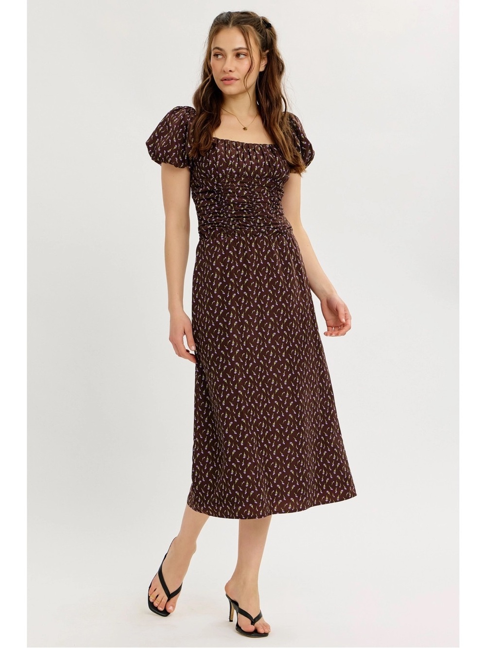 Square Neck Puff Sleeve Midi Dress in Dark Brown Print